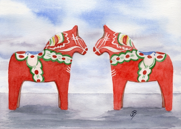 Postkarte DIN-A5 Aquarell Kunst Druck Kunstdruck Schweden Sweden Sverige Dalahästar Dalarna Pferde Dalapferd rot